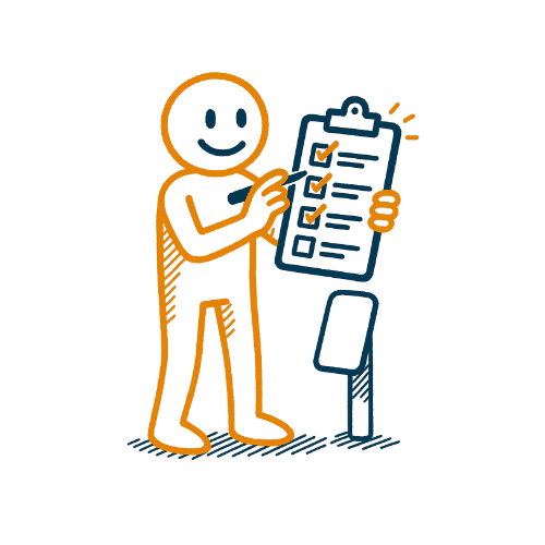 Maskottchen steht neben Richtfunkantenne und hakt Punkte auf Checkliste für mobile Kamerasysteme ab