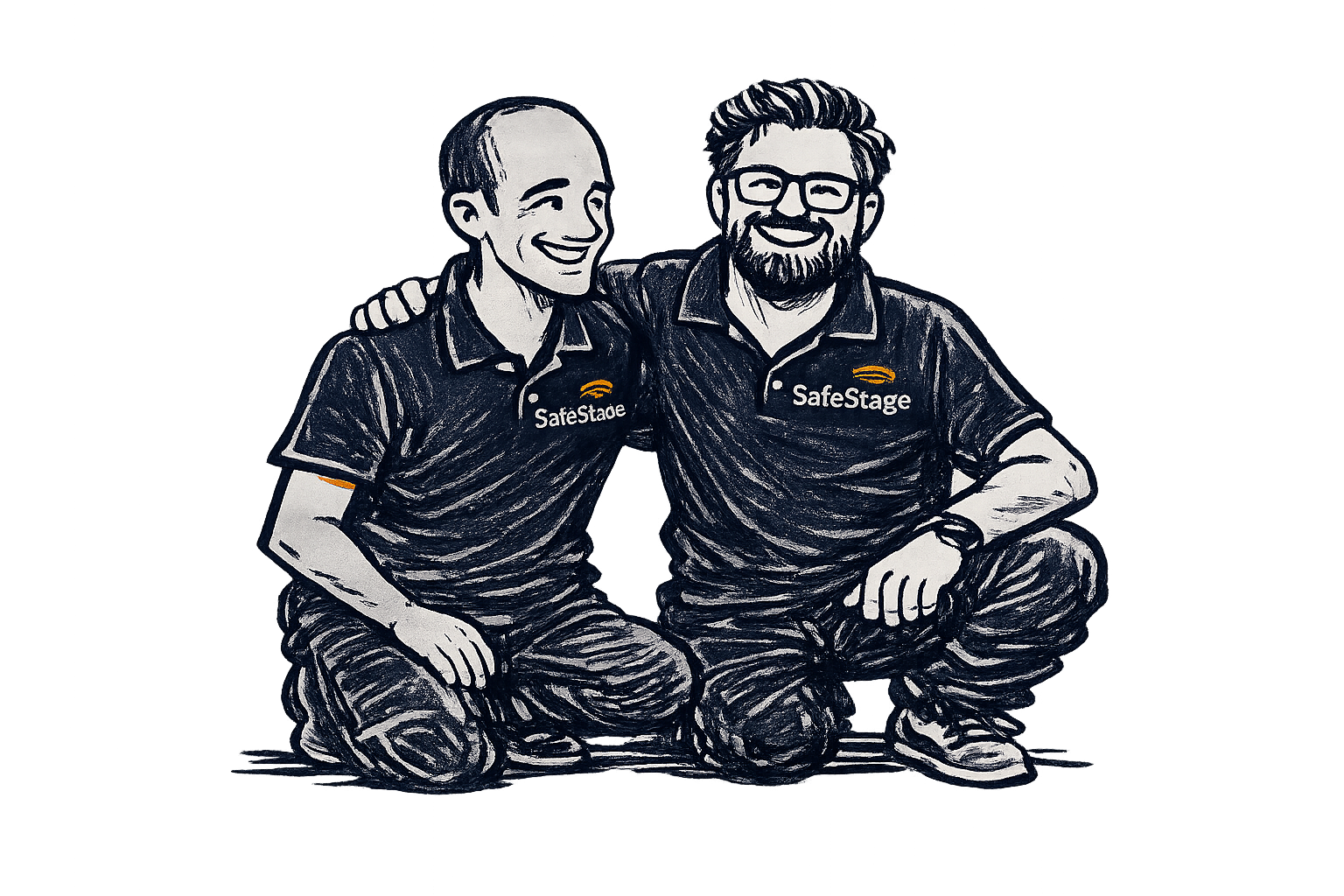 Safestage_Founder Marco und Flo von SafeStage knien und lächeln in die Kamera