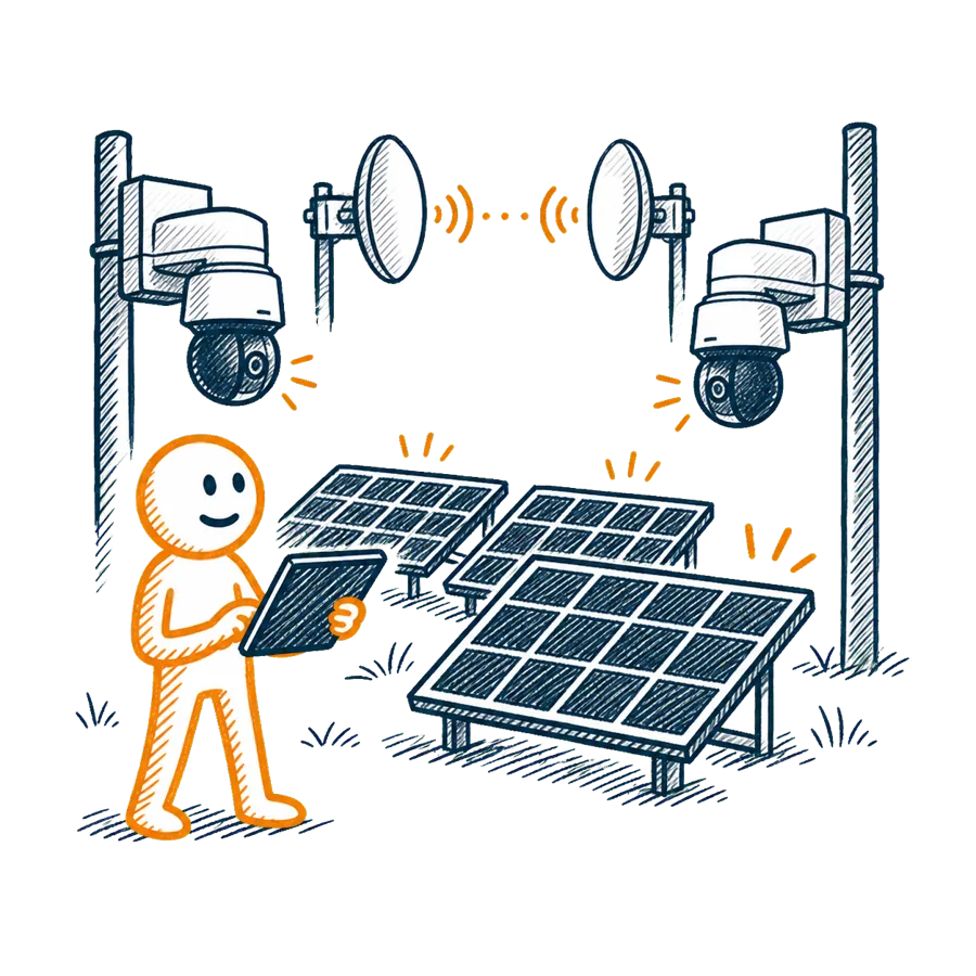Maskottchen neben Solarmodulen und Richtfunkmasten