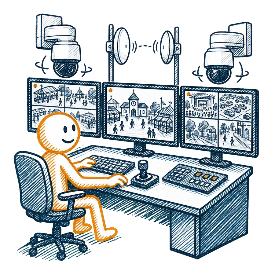 Maskottchen am Leitstand mit mehreren Monitoren und Joystick